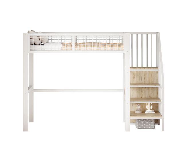 Cama alta 90*200 - com escada, estrutura metálica e prateleira de arrumação, armário - branco