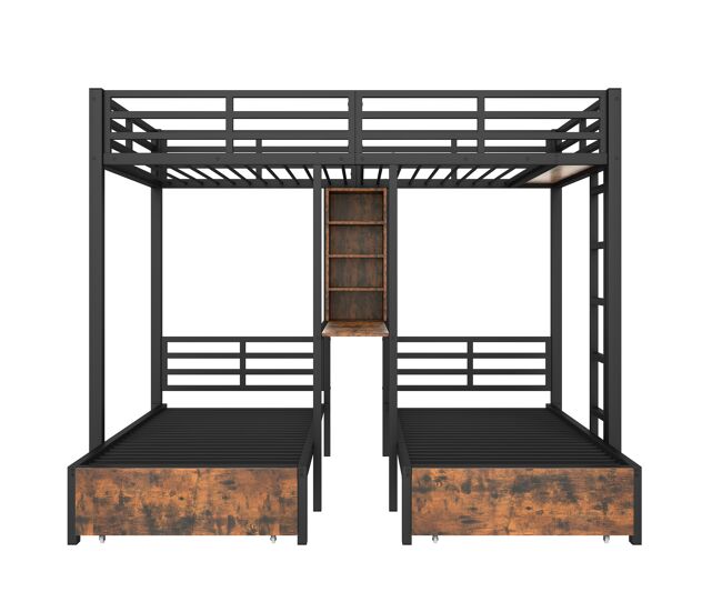 Cama beliche 140 x 200 cm + 90 x 200 cm - 3 camas, com barreiras laterais, com compartimentos de arrumação, 2 gavetas, prateleiras, sem colchão -