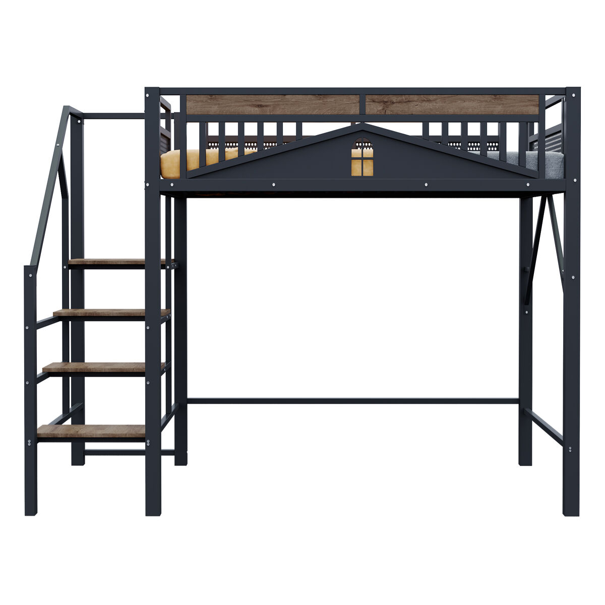 Cama alta metálica 140x200 cm - design exclusivo com janela, escada de segurança e amplo espaço de arrumação debaixo da cama - preta