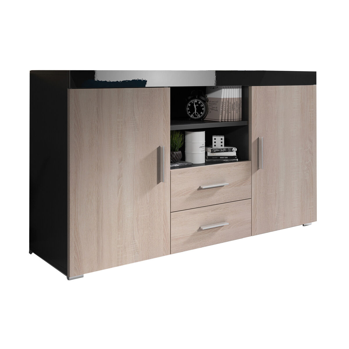 Aparador Sala de estar e jantar 2 portas 2 gavetas Roque 140 Preto/ Madeira