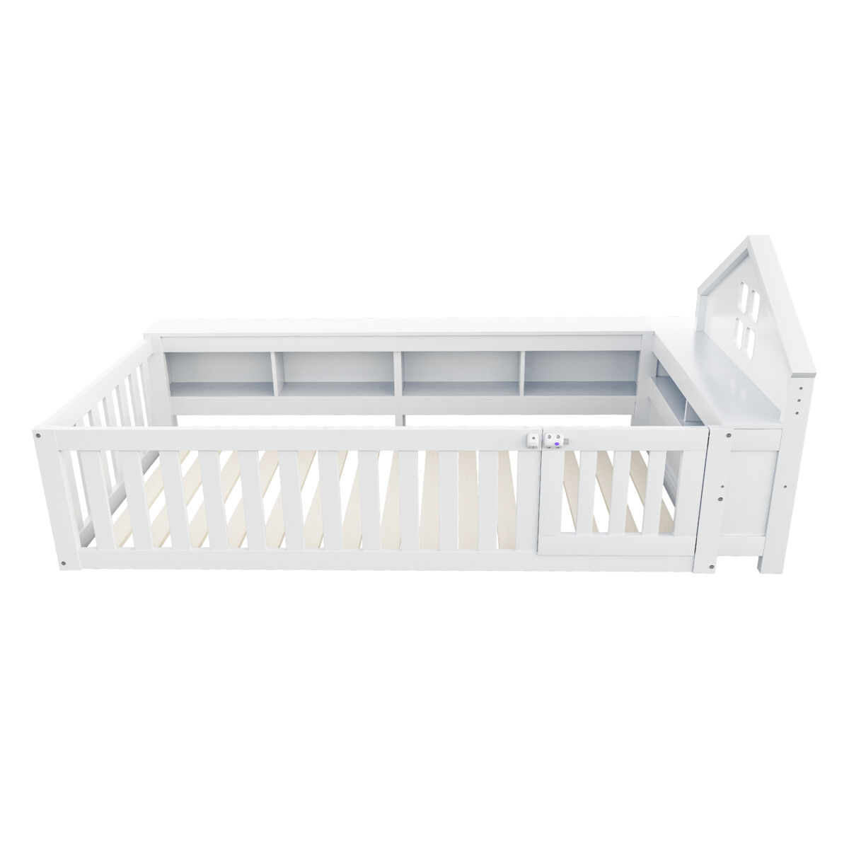Cama infantil 90x200 cm - com telhado, janela, arrumação, grade de segurança e porta - branca