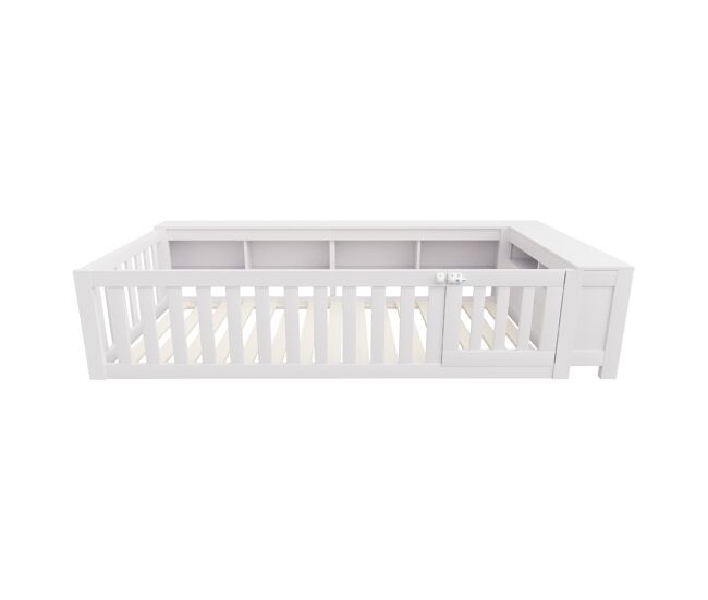 Cama infantil multifuncional 90x200 cm - com compartimentos de arrumação, grade de segurança e porta, cama de madeira maciça com estrado - branco