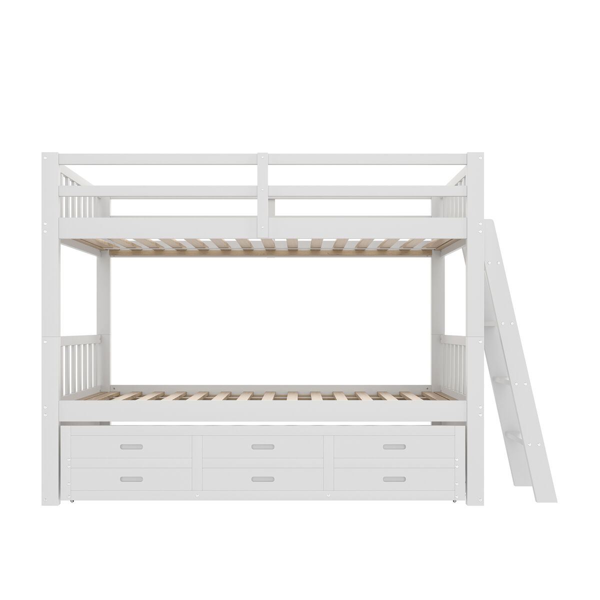 Cama beliche 90x200cm - cama infantil com escada, cama extraível e 3 gavetas, estrutura em madeira de pinho e mdf - branco