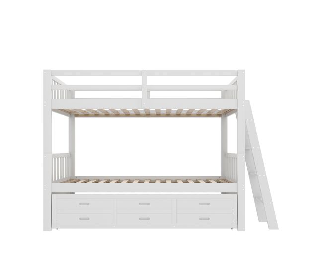 Cama beliche 90x200cm - cama infantil com escada, cama extraível e 3 gavetas, estrutura em madeira de pinho e mdf - branco