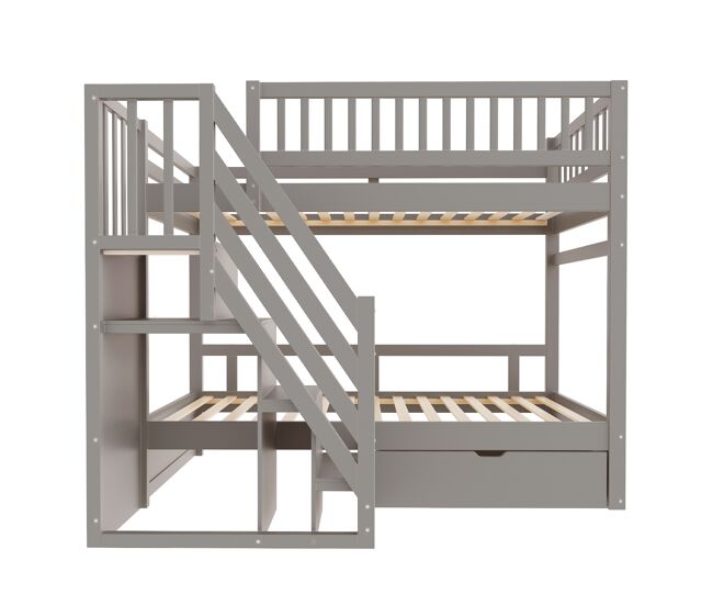 Cama beliche 90*200 cm - com painel de segurança alto, com estrado, escada de segurança com arrumação, com gavetas, cama infantil juvenil - cinza