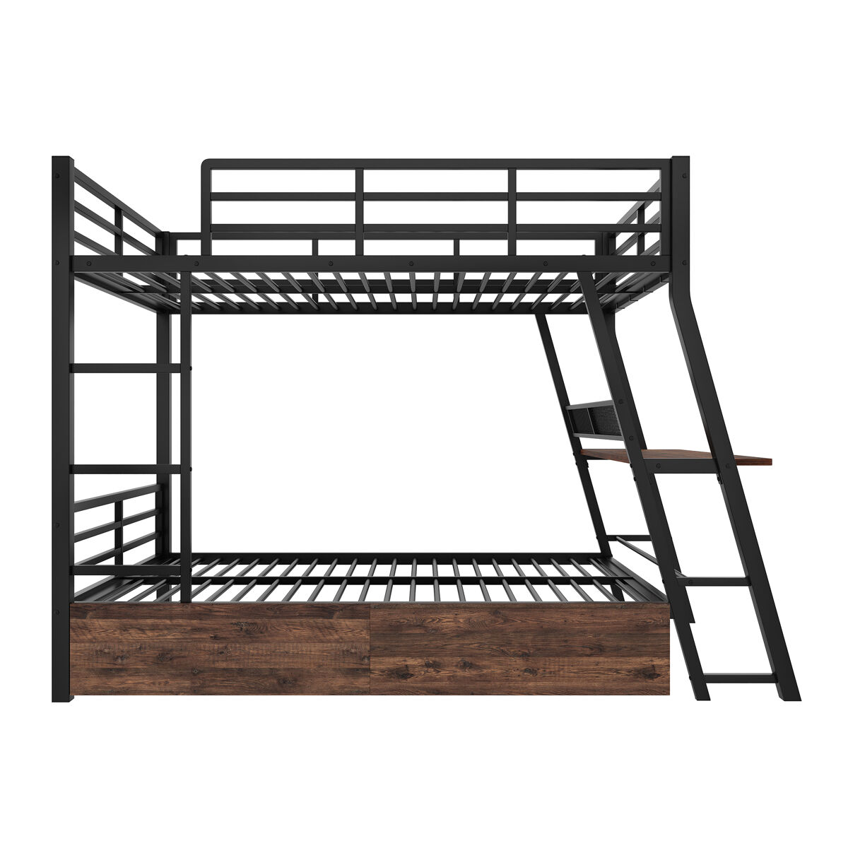 Cama alta 140x200 cm - estrutura em ferro, tira led, gavetas, grade, escada, secretária - preto