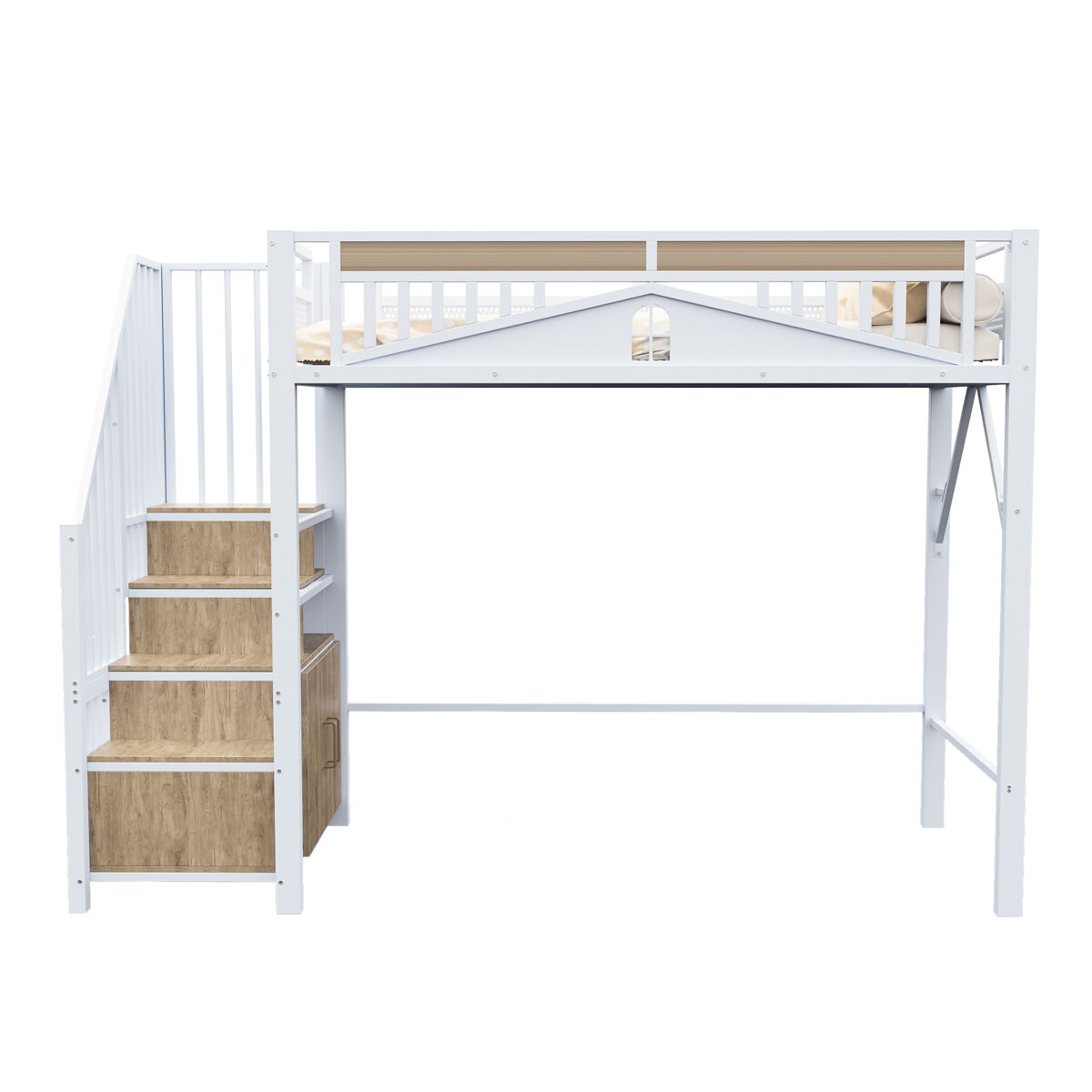 Cama alta metálica 90x200 cm - casinha de segurança com janela, escada de segurança com armário - branco
