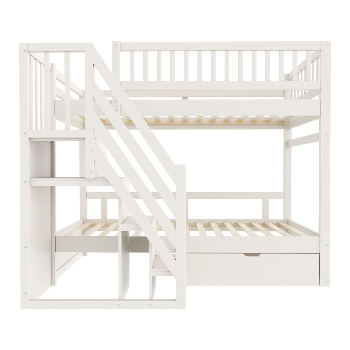 Cama beliche 90*200 cm - com barreira de segurança alta, com estrado, escada de segurança com arrumação, com gavetas de arrumação - branco