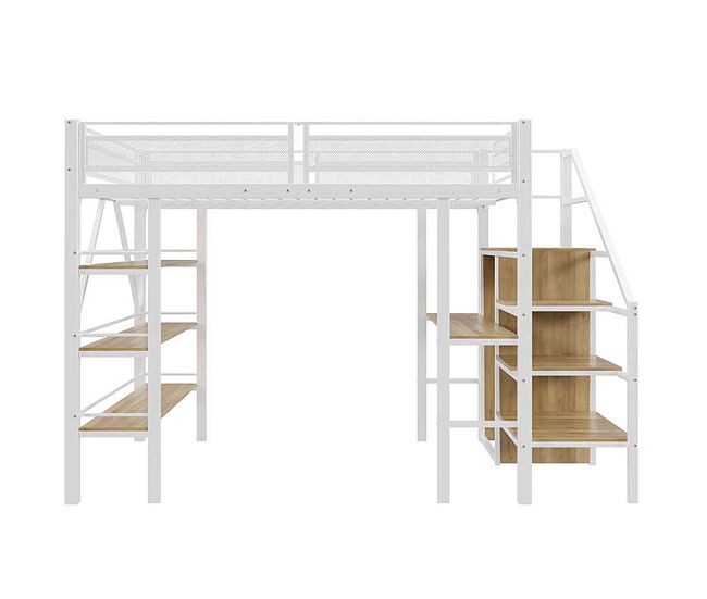 Cama alta 140*200 cm - estante de três níveis, secretária, armário, escada de segurança com compartimento, design com cerca alta - branco