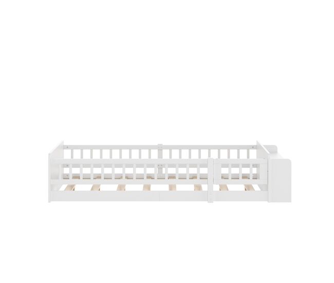 Cama infantil 90x200cm - madeira de pinho, armazenamento aberto, prateleiras, caixa rebatível - branco
