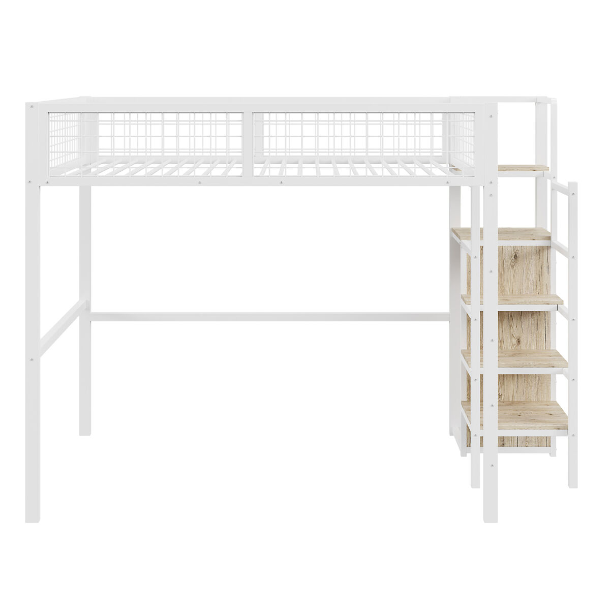 Cama alta 140*200 - com escada, cama infantil com estrutura metálica e prateleira de arrumação - branco