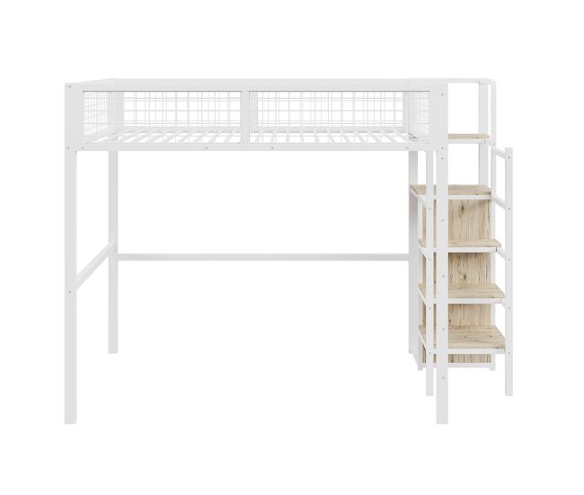 Cama alta 140*200 - com escada, cama infantil com estrutura metálica e prateleira de arrumação - branco
