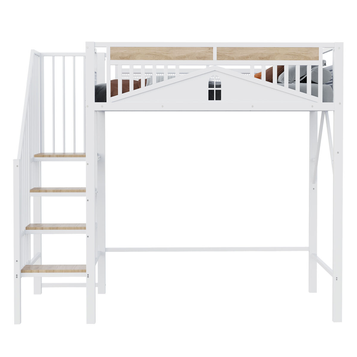 Cama alta metálica 90x200 cm - segurança com janela, escada de segurança, espaço livre para tela - branco