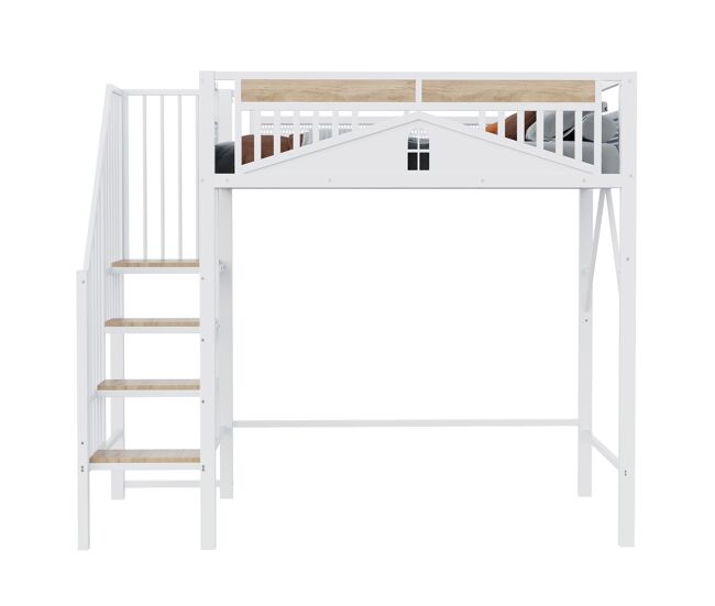 Cama alta metálica 90x200 cm - segurança com janela, escada de segurança, espaço livre para tela - branco