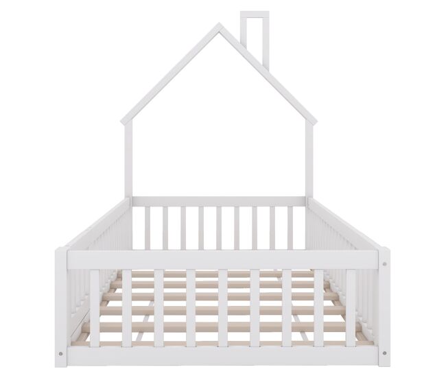 Cama infantil, 90 x 200 cm - cama em forma de chaminé, com estrado (sem colchão), madeira de pinho, estilo minimalista - branco