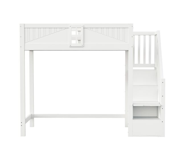 Cama alta em madeira maciça 90 x 200 cm - porta de segurança com janela, escada lateral com prateleiras intercambiáveis - branco
