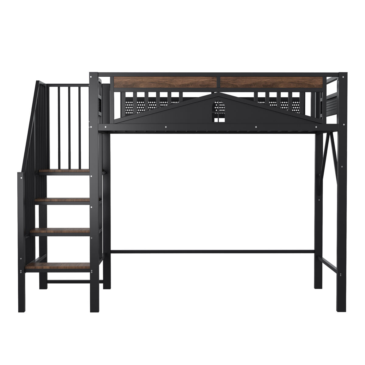 Cama alta metálica 90x200 cm - com proteção de segurança exclusiva com janela, escada de segurança, espaço sob a cama para cobertura de tecido - preta