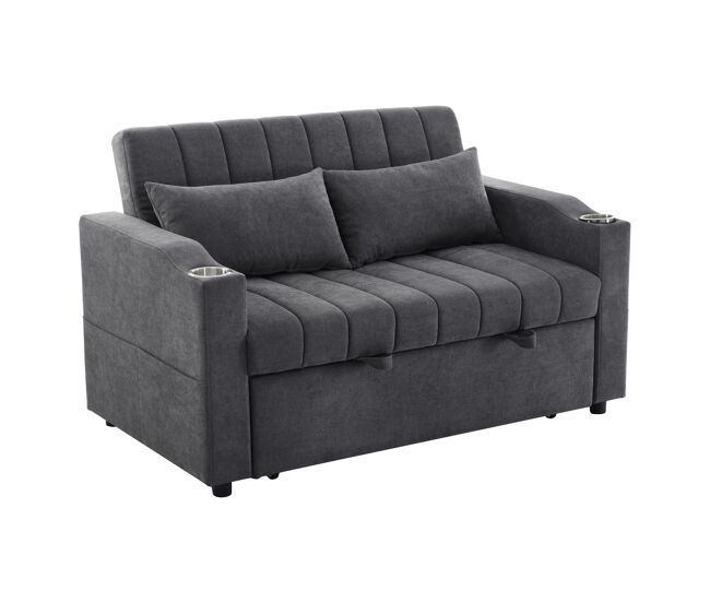 Sofá multifuncional moderno de 2 lugares - sofá-cama com encosto ajustável, porta-copos e almofadas - cinza