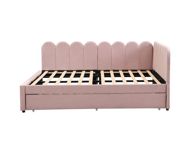 Sofá-cama em forma de l 140x200 cm - encosto com flores e cama extraível - veludo rosa