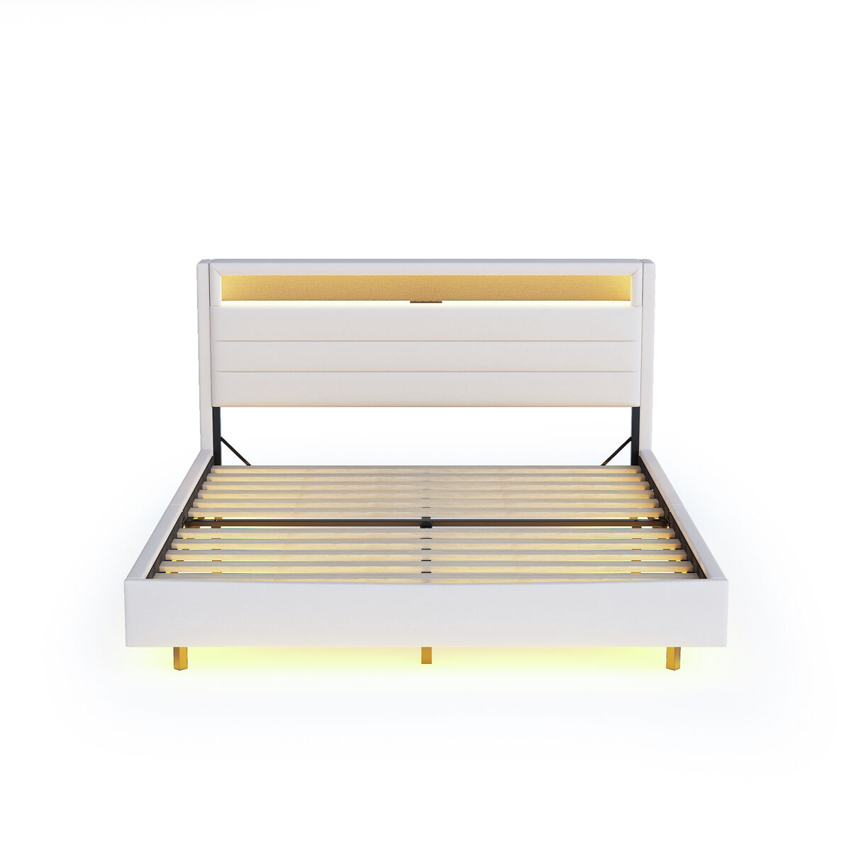 Cama estofada 140x200 cm - com porta usb e luz led, cabeceira reversível, pé oculto, cama de casal, cama juvenil, cama para adultos - bege
