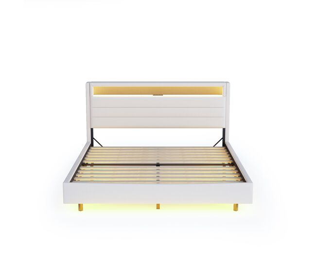 Cama estofada 140x200 cm - com porta usb e luz led, cabeceira reversível, pé oculto, cama de casal, cama juvenil, cama para adultos - bege