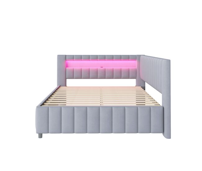 Sofá-cama 140x200 - polsterbett com luz led, porta usb, encosto e cabeceira - cinza