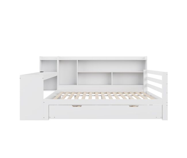 Sofá-cama 140 x 200 cm - com secretária, prateleiras, compartimentos, tomadas e cama extraível - branco