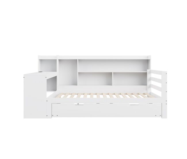 Sofá-cama 90 x 200 cm - com secretária, prateleiras, compartimentos, tomada e cama extraível - branco
