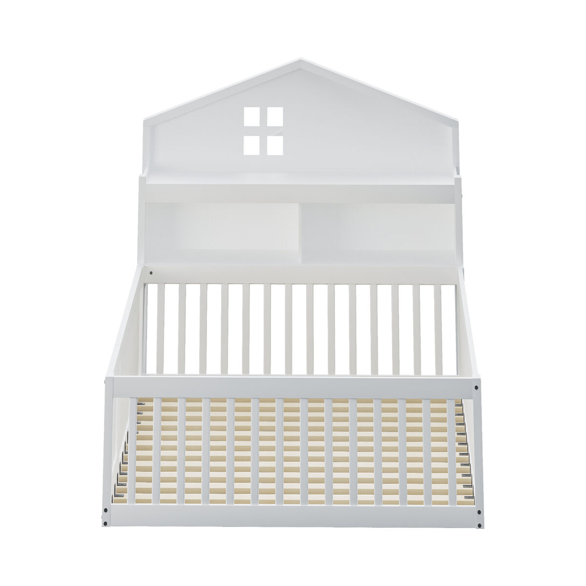 Cama infantil 140x200 - estrutura em madeira maciça, com prateleiras e arrumação, com grade e porta, com ripas de madeira, branco