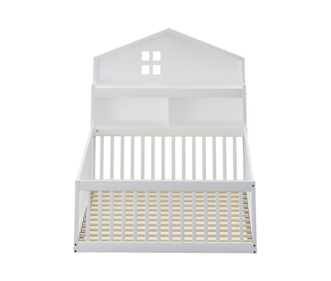 Cama infantil 140x200 - estrutura em madeira maciça, com prateleiras e arrumação, com grade e porta, com ripas de madeira, branco