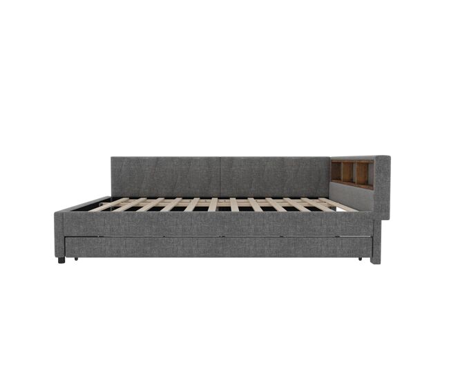 Cama daybett 140x200cm - sofá-cama, com compartimento, usb+tipo c, controlo remoto para luz led, com cama extraível, com estrado (sem colchão) - cinza