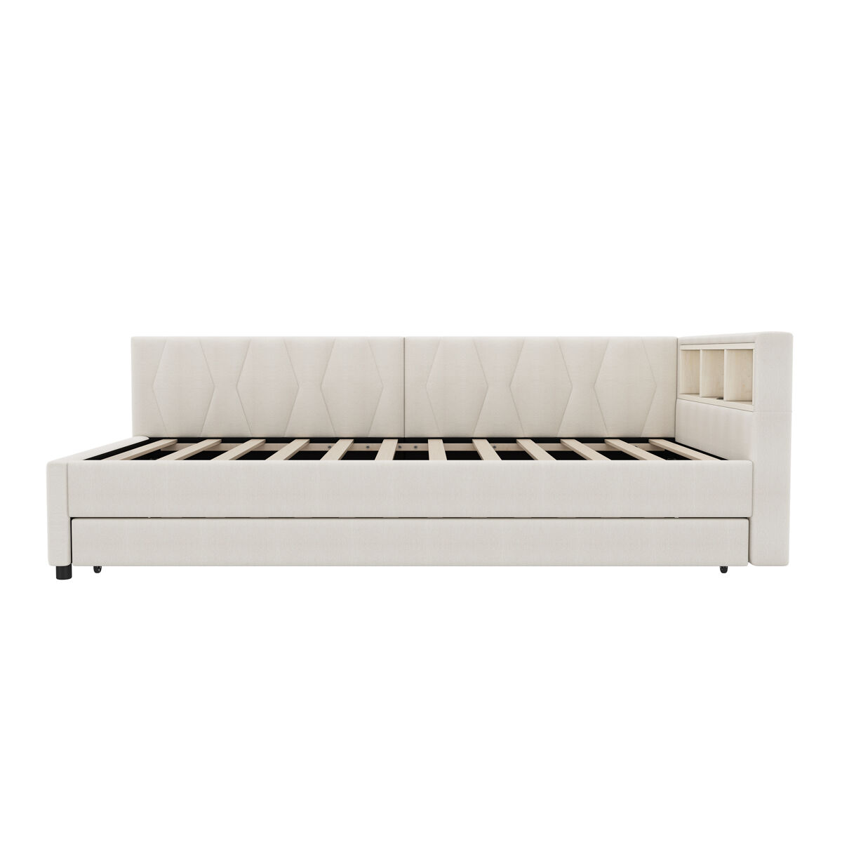 Cama daybett 90x200cm - sofá-cama, compartimento de arrumação, usb+tipo c, controlo remoto para luz led, cama extensível, linho, bege