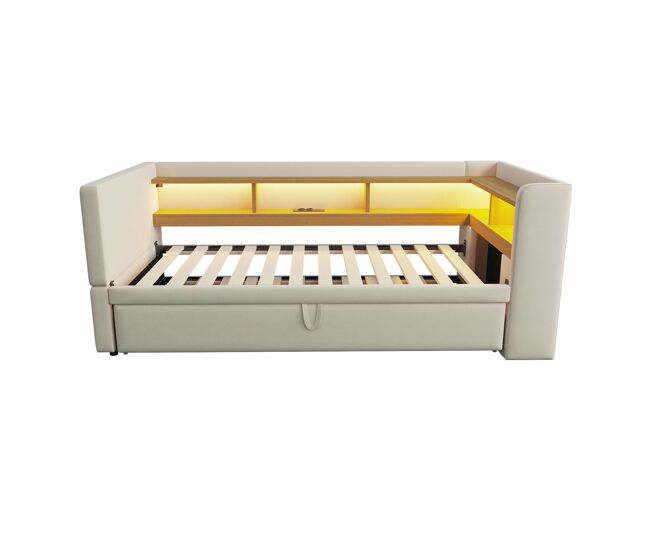 Sofá-cama extensível 90/180*190 cm - multifuncional, com led, tomadas e compartimentos de arrumação - bege