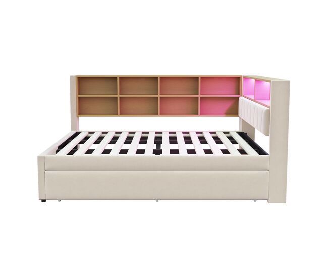 Sofá-cama 140x200 - cama extraível 90x190, com luzes led, tomadas e compartimentos de arrumação - bege