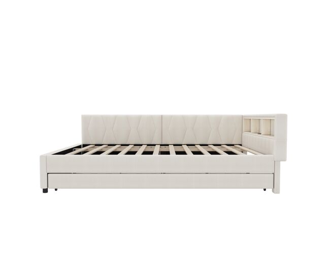 Cama de dia 140x200cm - sofá-cama, compartimento de arrumação, usb+tipo c, controlo remoto para luz led, cama extensível, com estrado, lençóis - bege