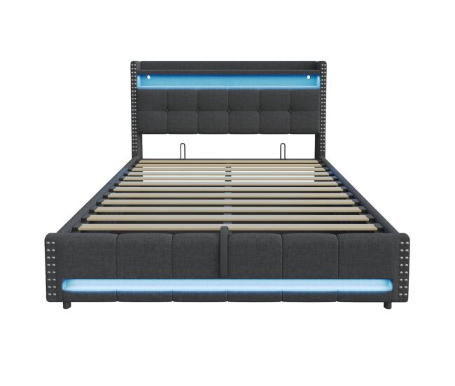 Cama estofada 180*200 cm - com led e tomada usb, cabeceira com prateleiras e arrumação, com sistema hidráulico para arrumação - cinza