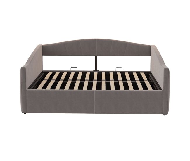 Sofá-cama 140*200 cm - com armazenamento hidráulico, com estrado e apoios de braços, riscas clássicas, versátil duplo, tecido de veludo, cinzento