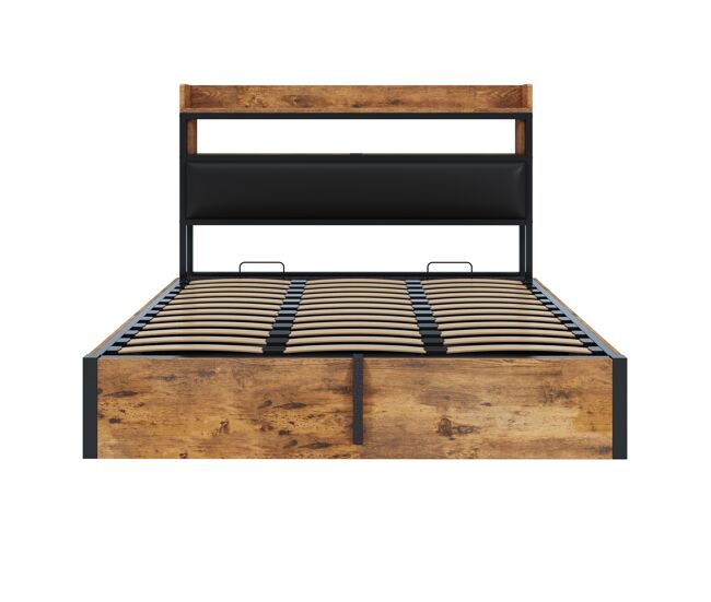 Cama 180x200 - com elevação hidráulica, usb, cabeceira acolchoada, design vintage em madeira e metal, com arrumação oculta - preta