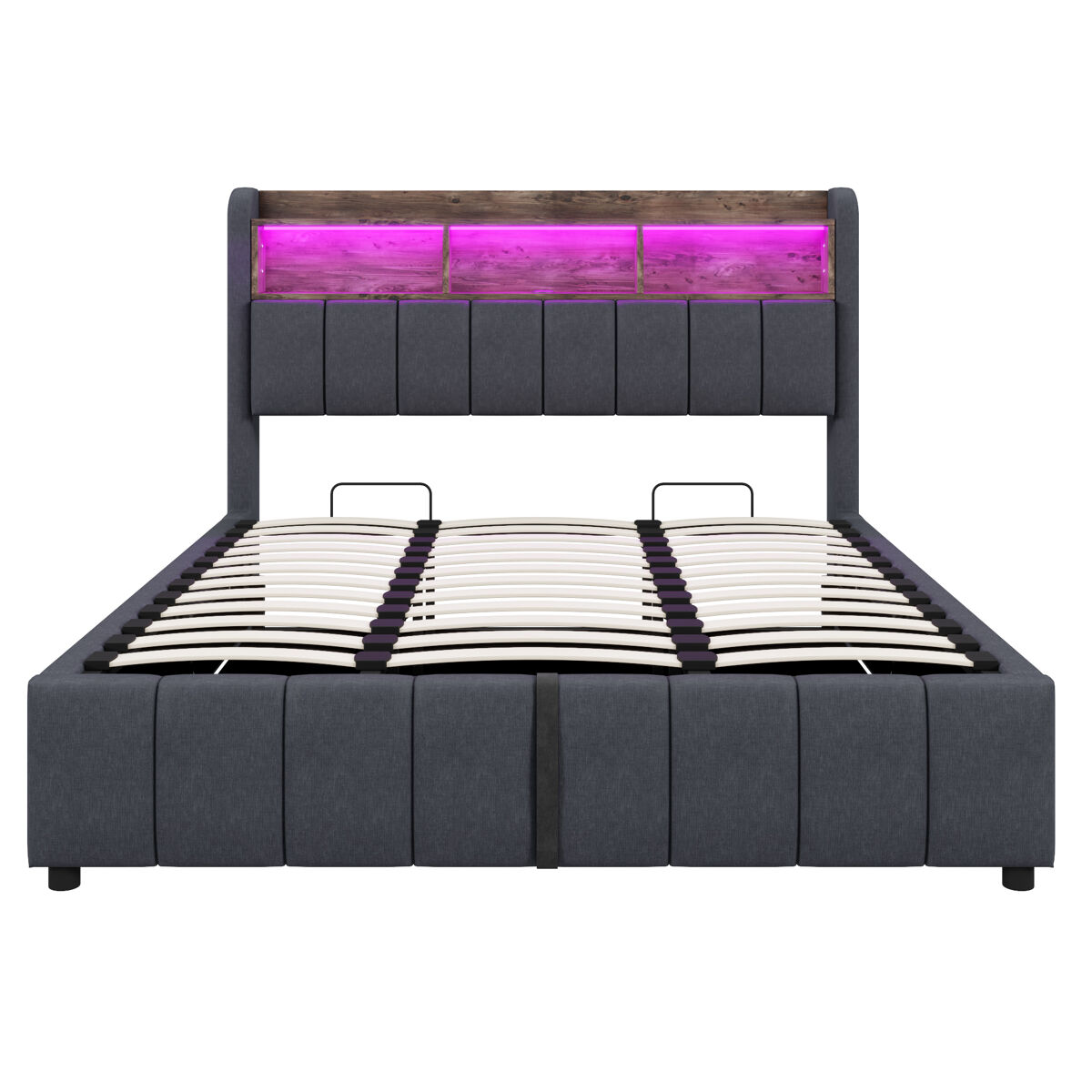 Cama estofada 180*200 cm - com iluminação led, tomada usb, cabeceira com prateleiras e arrumação, com sistema hidráulico para arrumação - cinza