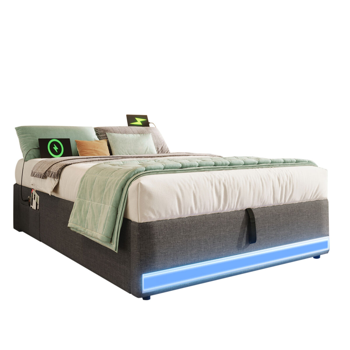 Cama estofada 90*200 cm - com led, usb, tipo c, armazenamento hidráulico - cinza