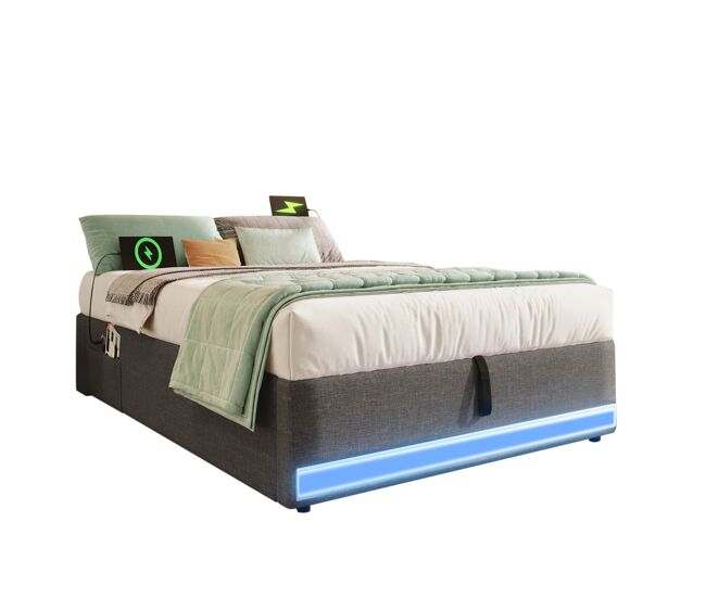 Cama estofada 90*200 cm - com led, usb, tipo c, armazenamento hidráulico - cinza