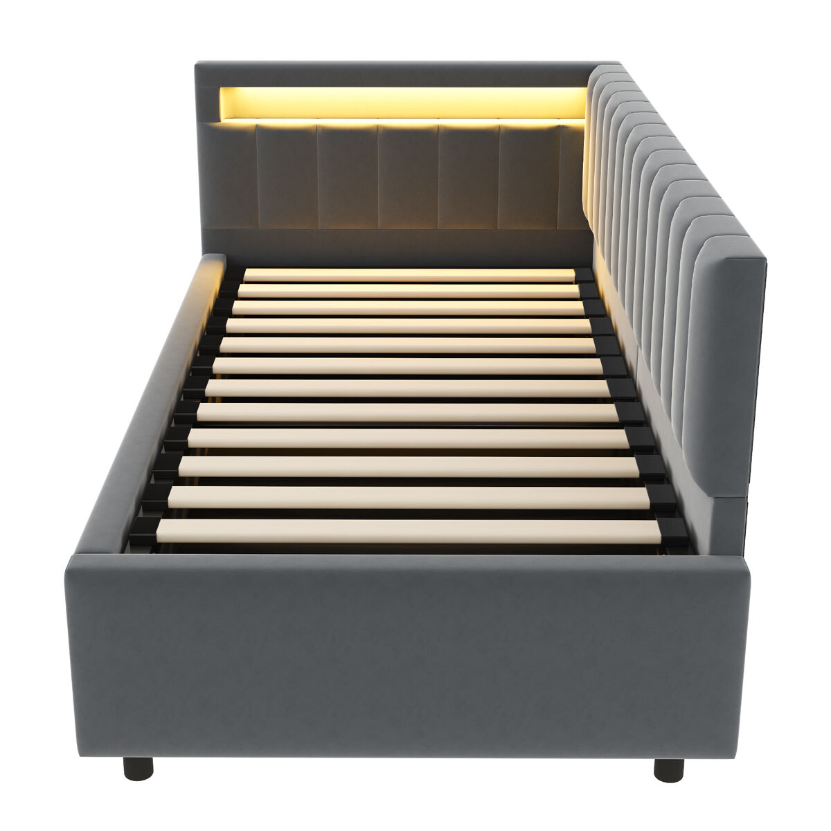 Sofá-cama 90x200 - com led, armazenamento hidráulico, design com riscas verticais, cabeceiras laterais ajustáveis, estrado, veludo - cinza
