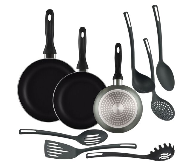 Conjunto de 3 frigideiras + 6 utensílios de cozinha well home