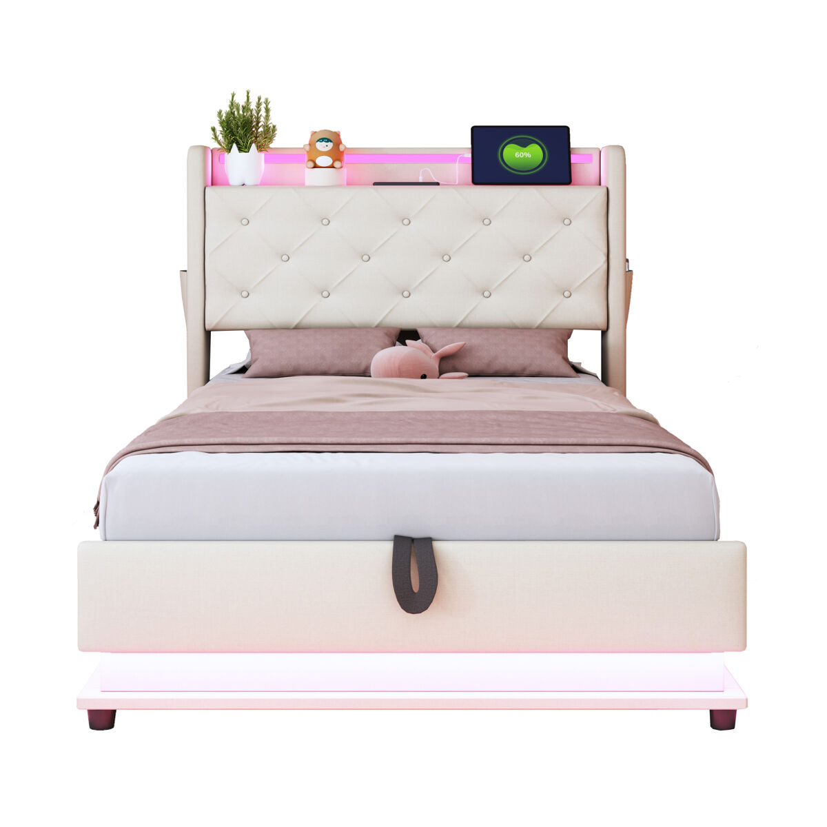 Cama infantil 90x200 cm - com luzes que mudam, entrada usb, cabeceira rebatível, armazenamento hidráulico, bolso para telemóvel - bege