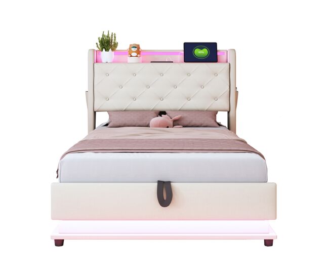 Cama infantil 90x200 cm - com luzes que mudam, entrada usb, cabeceira rebatível, armazenamento hidráulico, bolso para telemóvel - bege