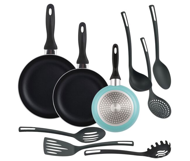 Conjunto de 3 frigideiras + 6 utensílios de cozinha well home