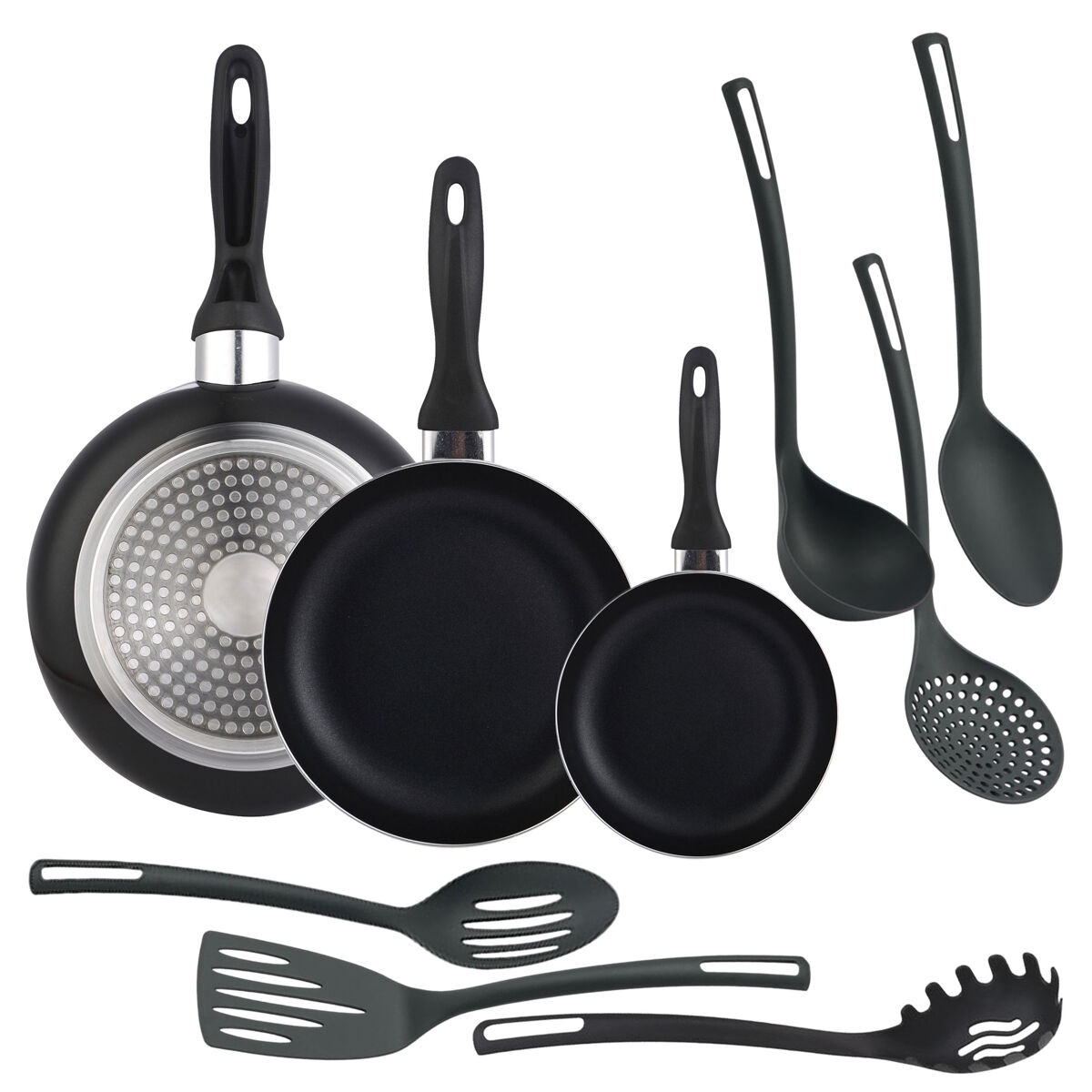 Conjunto de 3 frigideiras + 6 utensílios de cozinha well home