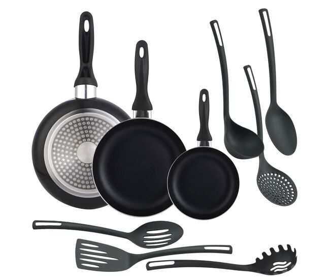 Conjunto de 3 frigideiras + 6 utensílios de cozinha well home