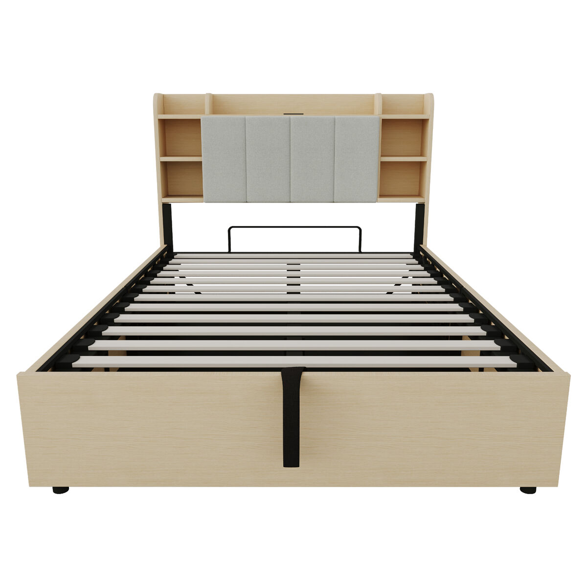 Cama de madeira 140x200 cm - cama hidráulica com cabeceira com arrumação, usb e tomada tape-c - madeira natural