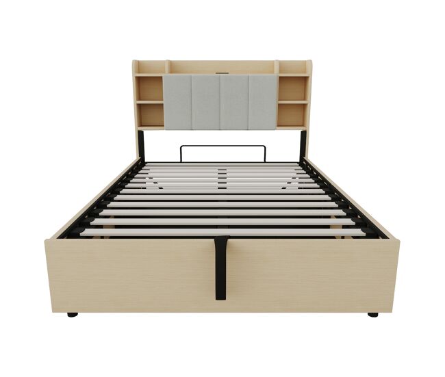 Cama de madeira 140x200 cm - cama hidráulica com cabeceira com arrumação, usb e tomada tape-c - madeira natural
